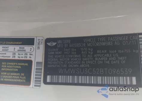 2011 Mini Cooper from USA, damaged, VIN WMWSU3C52BT096539